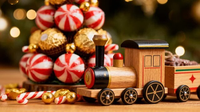 Tiny Wooden Train Toy Beside St. Nicholas Candy Setup