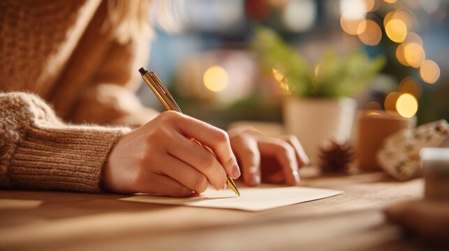 A woman with light skin writes a note in a cozy setting, surrounded by warm lights and festive decor.