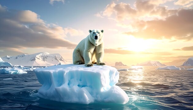Polar bear sits atop a melting iceberg in the Arctic, ocean waves and glacial mountains in the scenic background