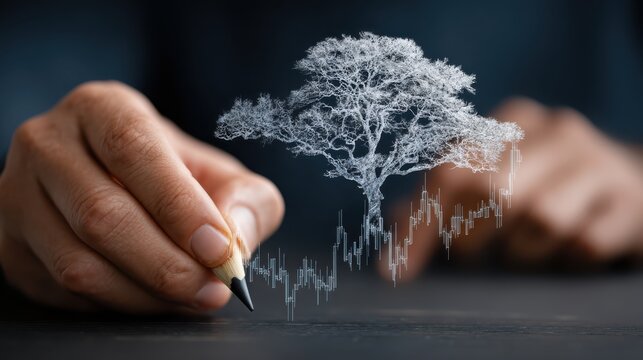 A hand sketches a tree that transforms into a fluctuating stock market graph, symbolizing the intersection of nature and finance.