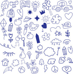 Collection of hand drawn blue ink doodles and sketches on white background