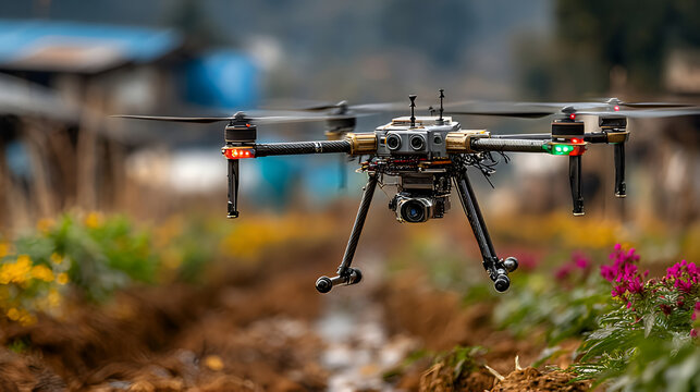 Flying Drone Hovering over Rural Flower Field for Surveying or Agricultural Purposes
