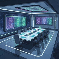 Futuristic conference room with holographic displays and sleek modern design.