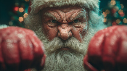 Santa Claus with boxing glove ready for fight. Funny and different.
