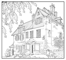 Illustration of a street with house in a medieval French town. Black and white page for kids coloring book. Worksheet for children and adults. Ancient architecture. Hand drawn vector.