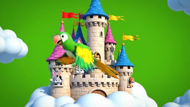 Colorful animated castle with flying parrot surrounded by clouds and green background.