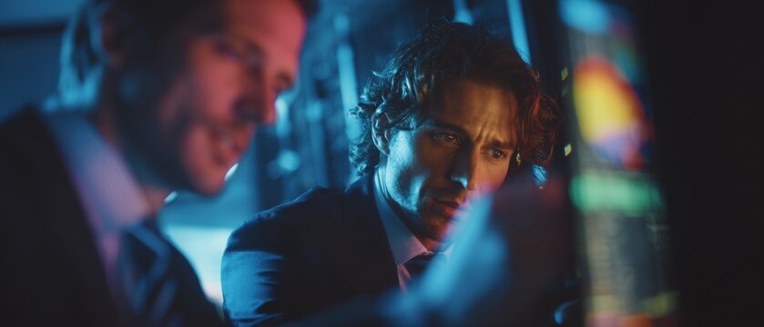 Strategic minds in the digital fortress. Film poster. Focused it professionals optimizing cyber defense and network efficiency. Action poster. Cinema artwork.