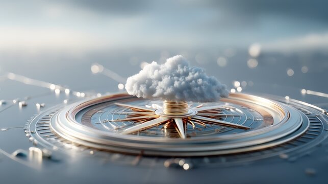 A stylized compass with a cloud hovering above, representing navigation, exploration, and the intersection of nature and technology.