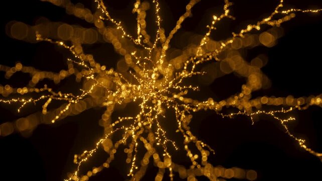 A branching coral shape made of golden sand or glitter, growing outward from the center in all directions. 3d render animation.