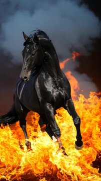 Majestic black stallion galloping through intense flames and smoke, creating dramatic and powerful equine imagery with dynamic movement.