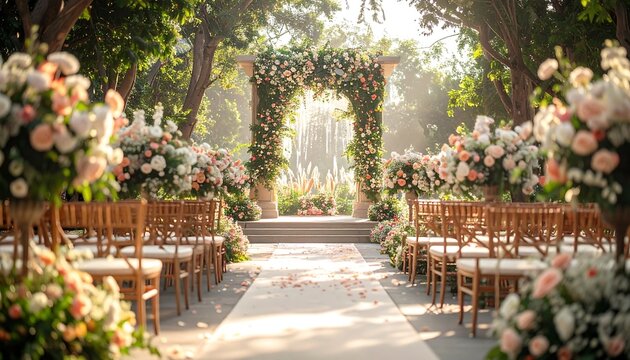 Outdoor wedding aisle with flowers leading to decorated arch, bathed in soft sunlight amid lush greenery