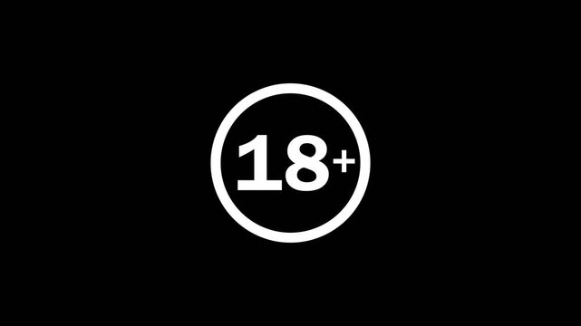 18 plus icon sign animation on dark background.