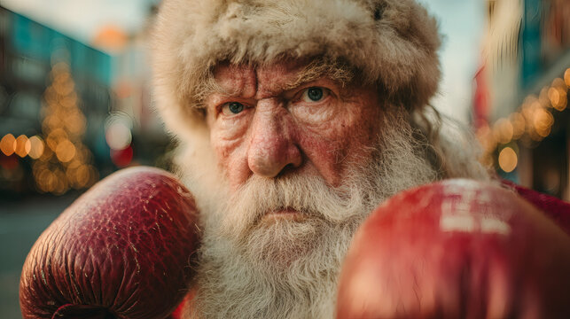 Santa Claus with boxing glove ready for fight. Funny and different.
