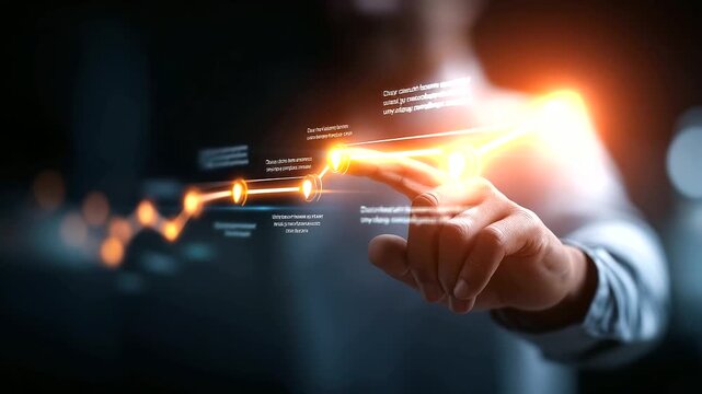 A professional interacts with a virtual screen showing a project roadmap hyper realistic waypoint icons with clear details moody shadows on a digital interface bright saturation