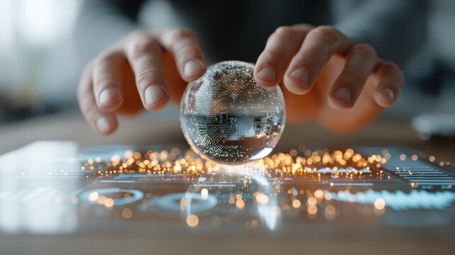 A person manipulates a crystal sphere above a glowing, interactive surface filled with digital data and sparkling lights.
