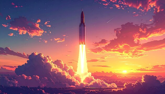 Rocket ascending through vibrant, anime-style sunset clouds, leaving a trail of light against a picturesque sky