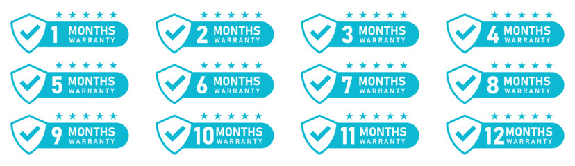 Set of 1 to 12 month guarantee label icons. Collection of monthly warranty badges with shield icons, check marks, and stars. Warranty number 1, 2, 3, 4, 5, 6, 7, 8, 9, 10, 11, 12. Vector illustration.