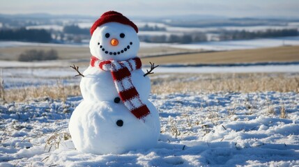 Cute snowman standing in a snowy field with a red and white scarf smiling against a snowy backdrop