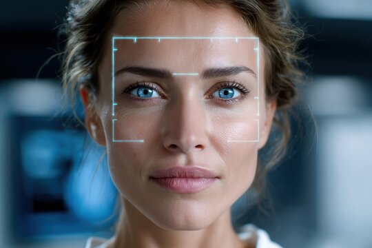 Facial recognition technology being demonstrated on a woman in a modern lab setting