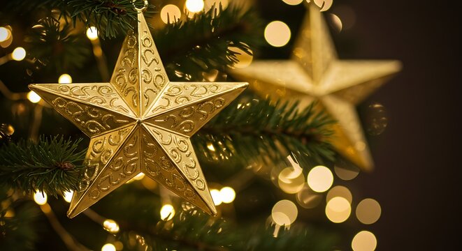 Close-up of gold star ornaments on a decorated Christmas tree with out-of-focus lights