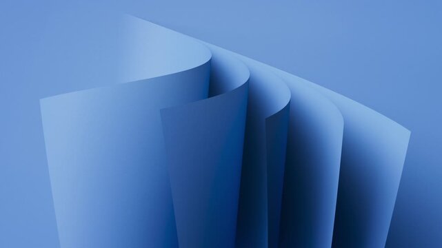 A stack of blue sheets fans into smooth pleats as edges bend and catch soft shadows. Elegant looping background for tech and product promos. 3d render animation.