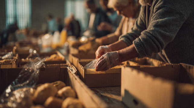 Volunteers packing food donations into cardboard boxes with plastic bags