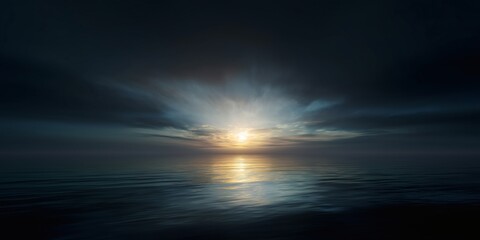 Dramatic sky illuminated by a distant sun over calm, dark waters.