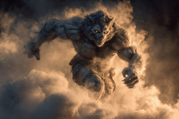 a werewolf at night. Red eyes, creature of the night. Classic monster. Horror story.