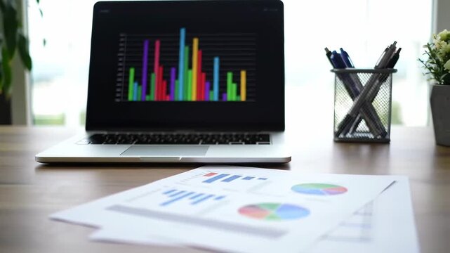 A laptop displays a vibrant bar graph over a wooden desk, with accompanying charts, a pen holder, and a brightly lit window background. The scene is clean and professional.