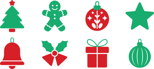 Festive Christmas icons isolated on transparent background featuring a Christmas tree, gingerbread man, ornament, star, bell, holly, gift, and bauble in red and green