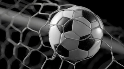 Naklejka premium Black and white soccer ball caught in goal net during a thrilling match at a local field on a sunny afternoon