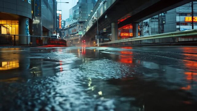 Wet city street at night reflecting vibrant neon lights and urban architecture, low angle view of modern cityscape after rain.