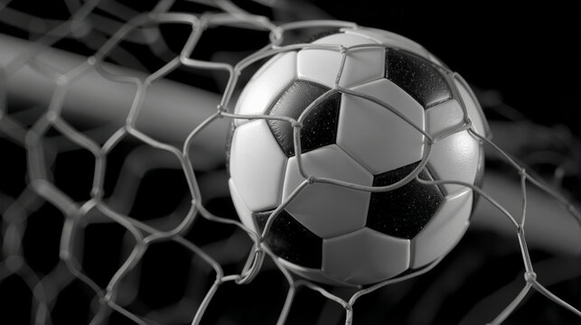 Black and white soccer ball caught in goal net during a thrilling match at a local field on a sunny afternoon