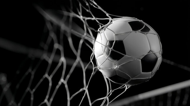 Black and white soccer ball caught in goal net during a dynamic moment of a game on the field