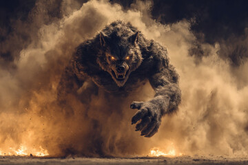 a werewolf at night. Red eyes, creature of the night. Classic monster. Horror story.