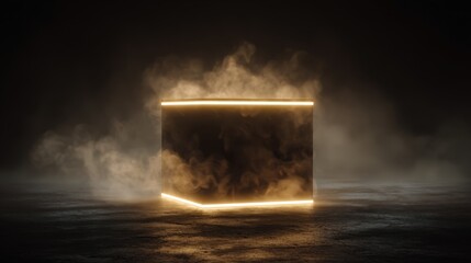 Mysterious glowing cube in dark ambiance with fog creating an ethereal atmosphere for creative backgrounds or designs