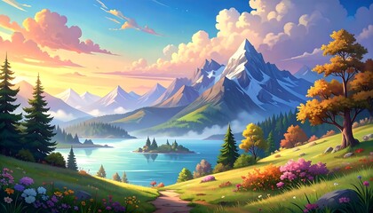 Pastel-hued mountain scene with placid lake, grassy hill, trees, and a path under a vibrant sky with fluffy clouds