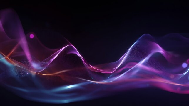 Technology meets art in seamless particle wave imagery. Epic poster. Soothing flow of abstract particles in soft purple hues. Blockbuster art. Promotional poster.