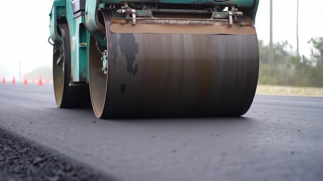 A close up shot showcases a green heavy road roller compacting asphalt with orange traffic cones alongside on a foggy day, construction in progress. 
