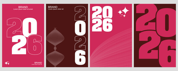 Modern 2026 typography poster set in pink and brown tones – minimalist futuristic new year design templates with bold numbers, geometric shapes, and abstract graphic backgrounds for branding, social m