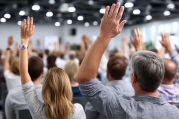 Participants engage in discussion by raising hands during a conference in a modern venue
