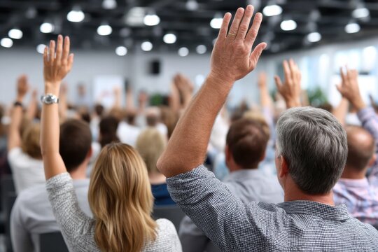 Participants engage in discussion by raising hands during a conference in a modern venue