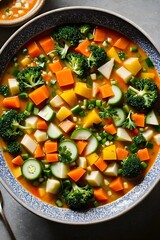 there is a bowl of soup with broccoli