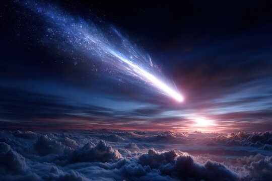Cosmic event lighting up the sky above the clouds at twilight