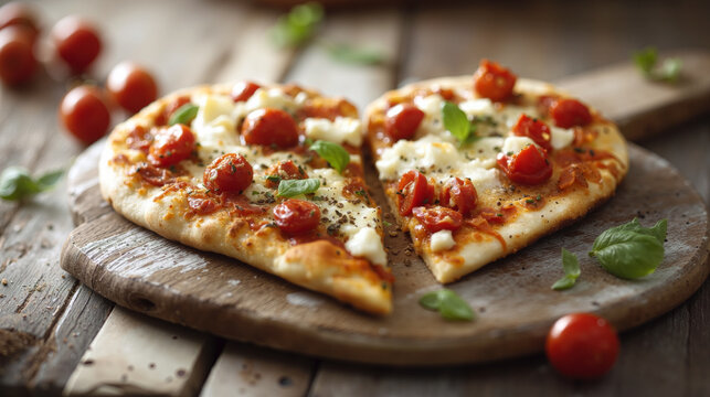 Delicious heart-shaped pizza topped with fresh tomatoes and mozzarella on a rustic wooden board - Powered by Adobe