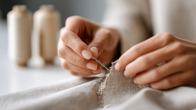 Close-up of hands sewing fabric with and thread in a soft natural light setting with blurred spools in background