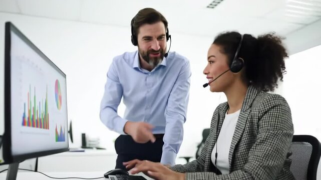 Two customer service representatives, a man and a woman wearing headsets, review data on a computer screen in a modern white office setting with natural lighting.