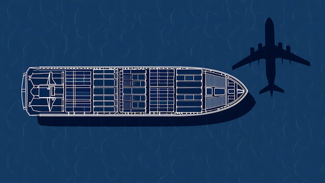 A blueprint-style design shows the technical drawing of a container ship and the silhouette of an airplane.