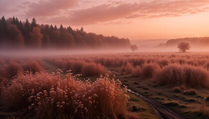 Serene landscape with misty fields and soft sunrise colors  