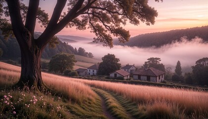 Serene countryside landscape at dawn with misty hills and trees  